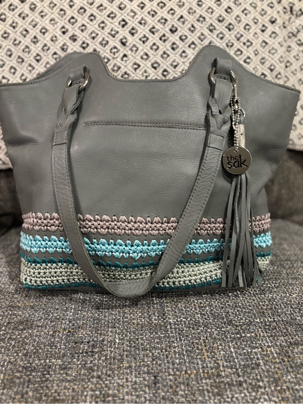 The Sak Gray Leather Tote with Teal & Light Gray Crochet Trim